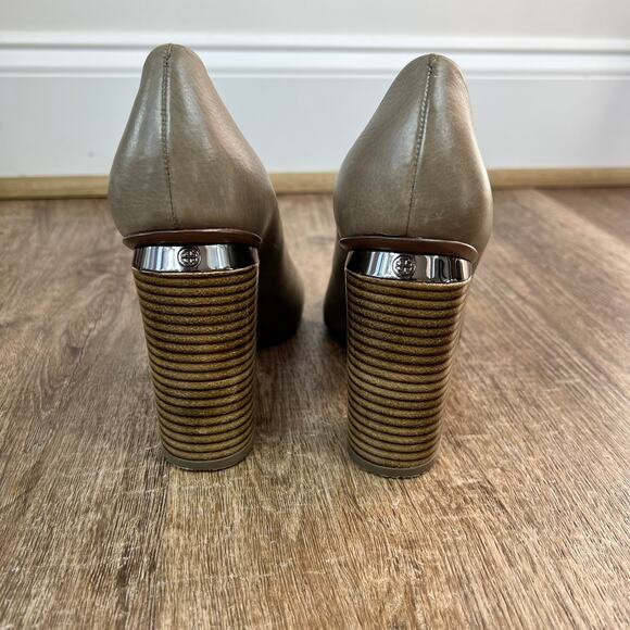 Tory Burch Jones Pumps Leather Stacked Heels Gray Brown - Picture 3 of 7